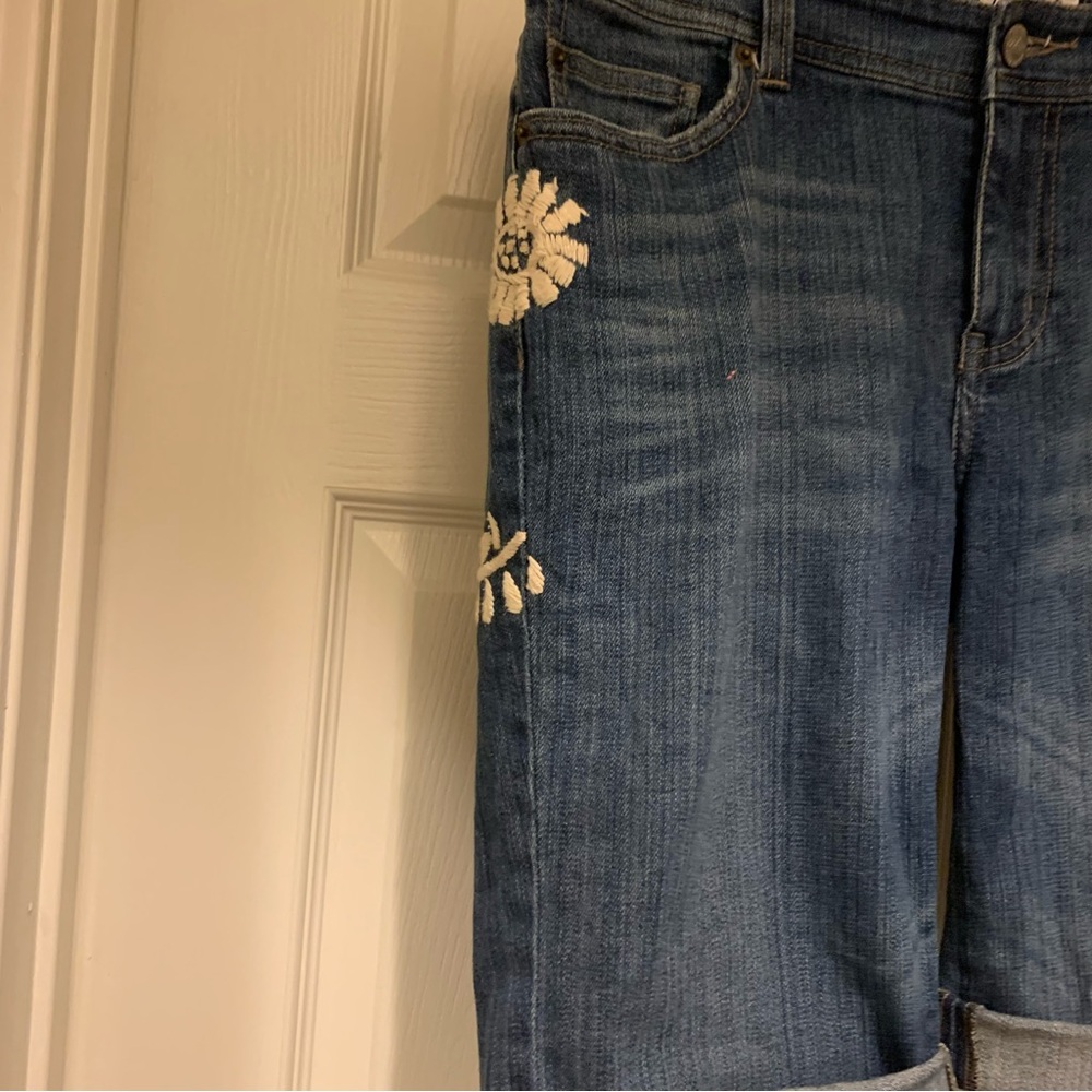 Jean shorts: White House Black Market Blue Denim with White Embroidery - Picture 5 of 6